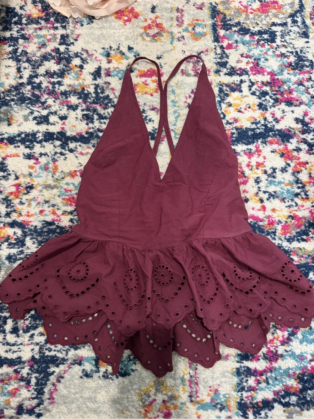 Women's Deep Burgundy Eyelet Peplum Dress